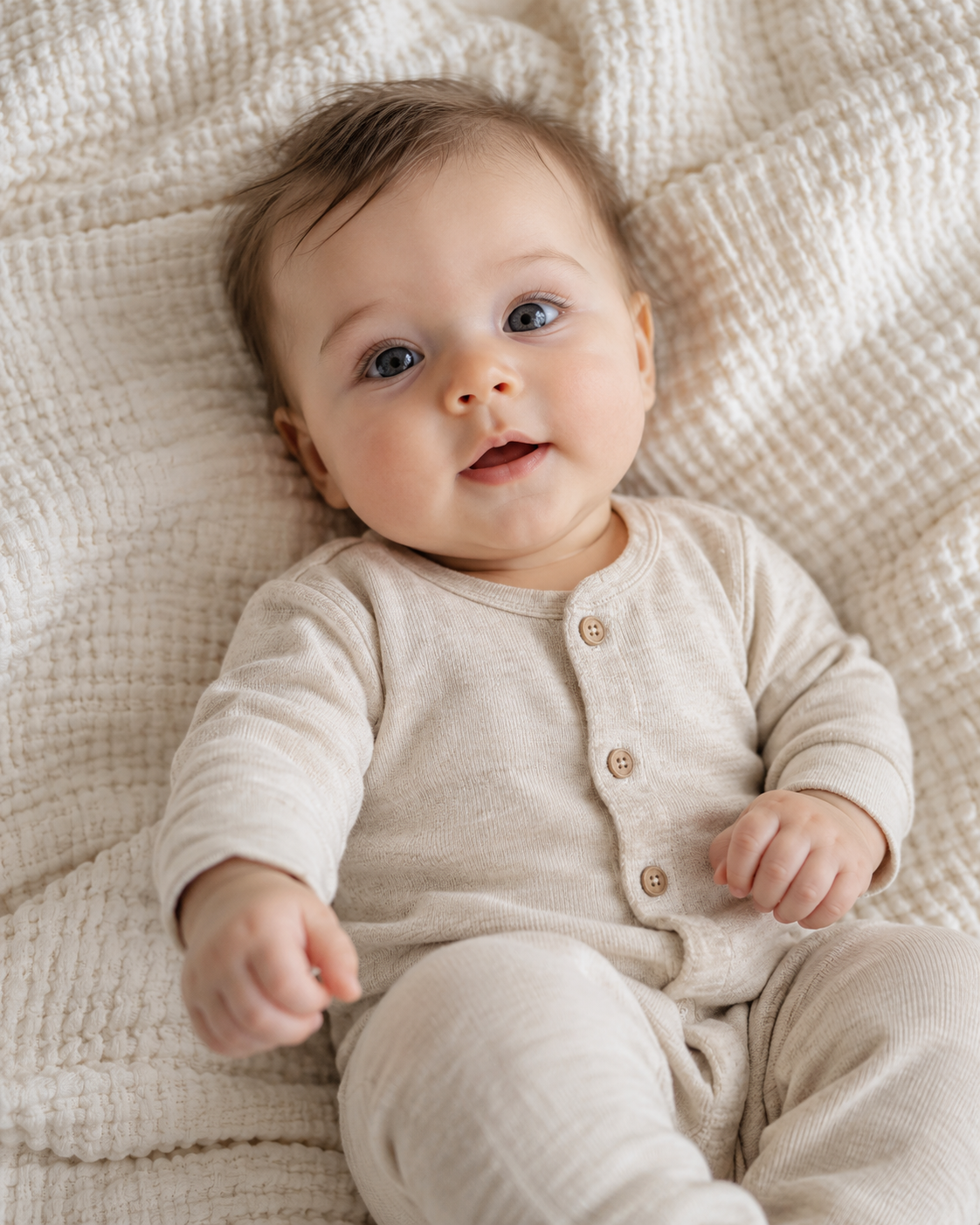 Awake baby resting on a soft cream blanket