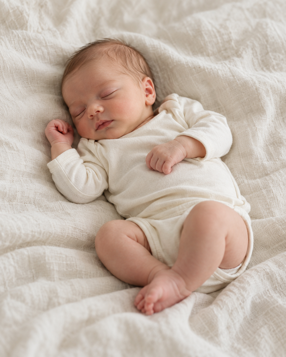 Sleeping newborn on an ivory blanket